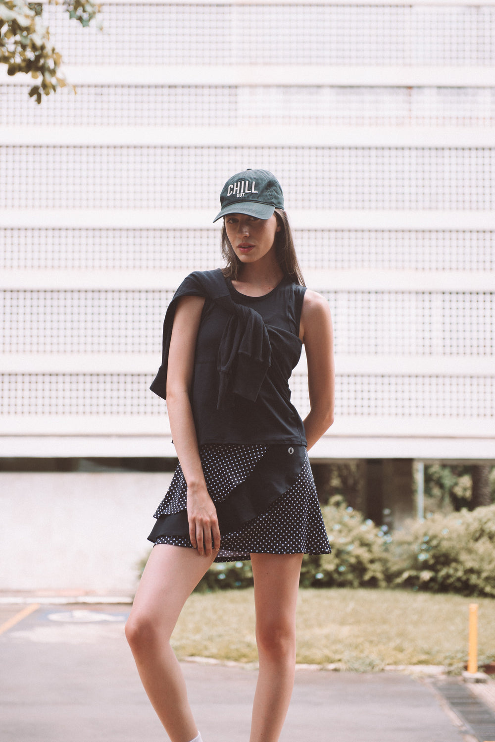 Spin Skirt / Skort (Black Polka Dot/Blk) 14.5" skirts Dona Jo Fitwear