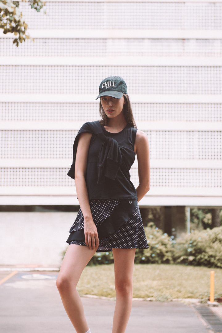Spin Skirt / Skort (Black Polka Dot/Blk) 14.5" skirts Dona Jo Fitwear
