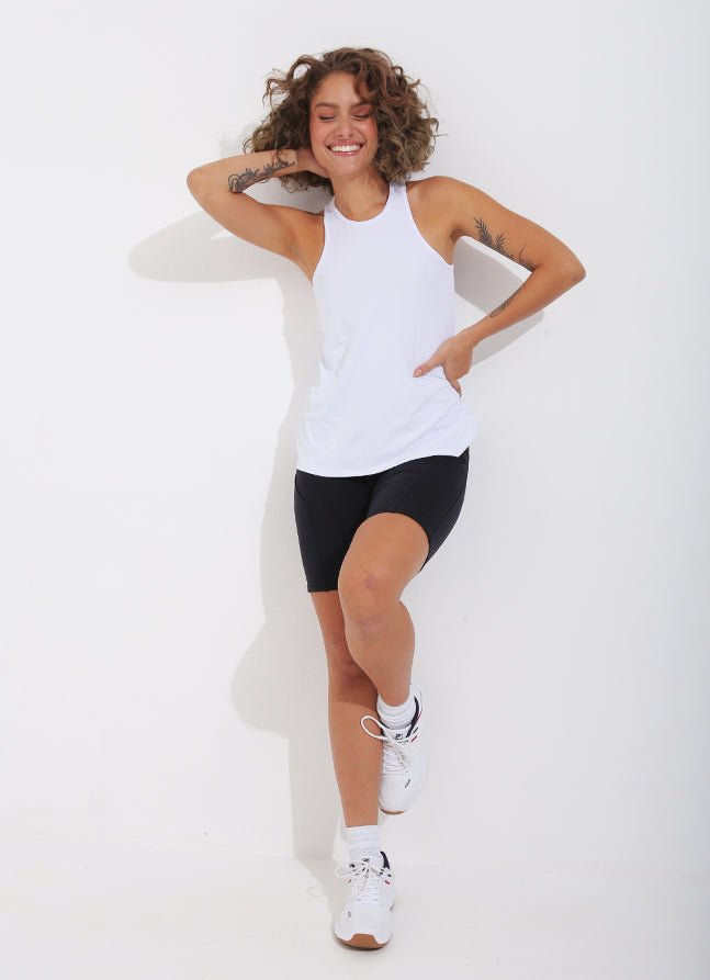 Women's urban workout tank in classic white – DonaJo